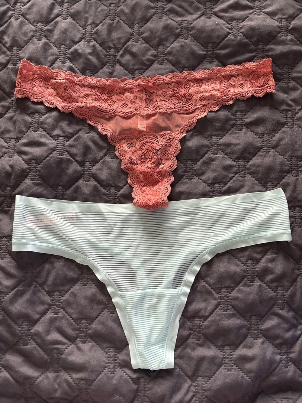 Victoria's Secret Coral Lace Thong & Light Mint Striped Thong Duo